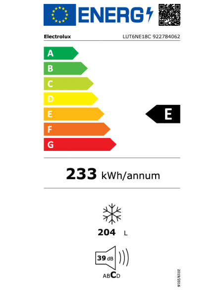 ELECTROLUX INTEGRATED 204L FREEZER  178 X 56CM