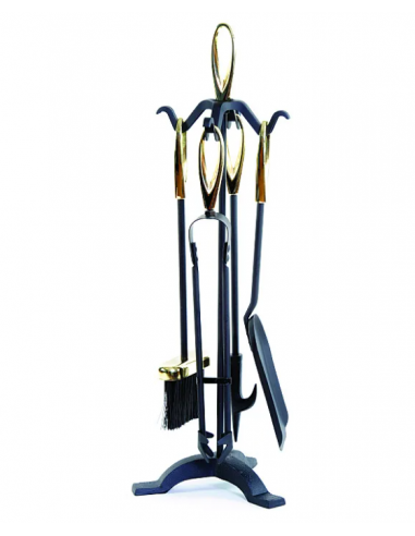5 PIECE FIREPLACE SET BLACK / BRASS...